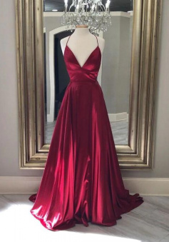 Spaghetti Straps Dark Red Long Prom Dresses