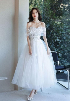 Off Shoulder Tulle Lace Tea Length Prom Dress