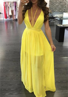 Simple Yellow Chiffon V Neck Prom Dresses