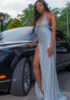 Halter Deep V-neck Sequin Prom Dresses with Side Slit