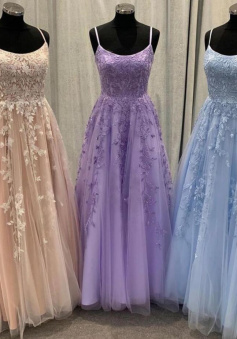 A Line Long Tulle Prom Dress With Lace