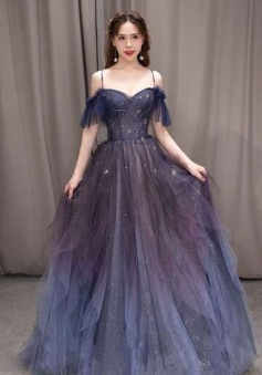 Spaghetti Straps Purple Tulle Long Prom Dresses