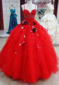 Modest Red Ball Gown Floral Prom Dress