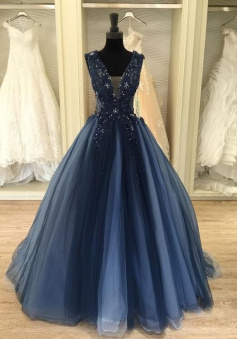 A Line Navy Ball Gown Tulle Prom Gown