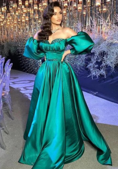 A Line Green Satin Evening Gown With Beadings