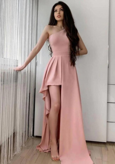 Simple one shoulder pink long prom dress