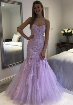 A line Purple tulle long prom dress with lace