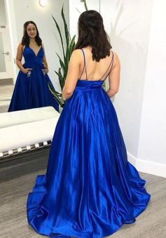 Mermaid Royal Blue Satin Long Prom Dresses with Pocket