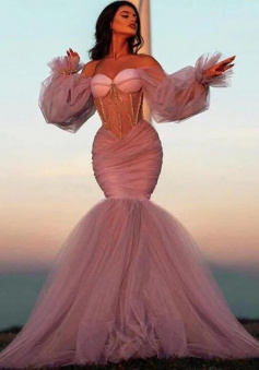 Vintage Long Sleeves Crystal Beaded Mermaid Evening Dress