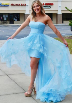 Strapless blue high low long prom dress with flowers