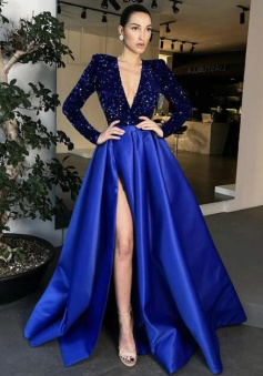 Royal Blue Sequin Top long Formal Evening Dresses With Long Sleeve