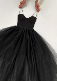 A Line black tulle prom evening dress