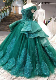 Off Shoulder ball gown green Prom Dress with lace