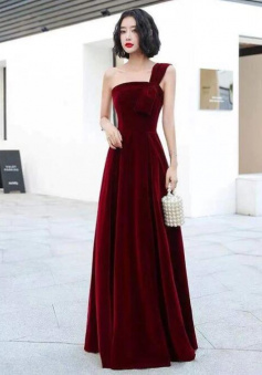 Wine Red One Shoulder Velvet Prom Dress