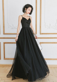 Simple A Line Black Tulle Prom Dresses