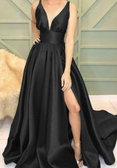 V Neck Mermaid black satin split prom dresses