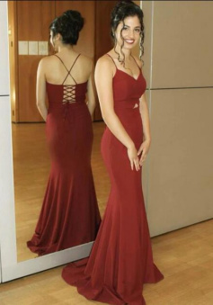 Mermaid V-Neck Corset Back Wine Red Prom Dresses