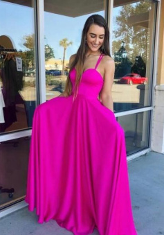 Spaghetti Straps Floor-Length Fuchsia Prom Dress with Pockets