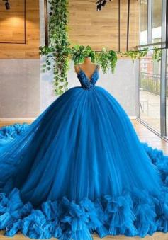 Elegant V Neck blue ball gown Prom Dress
