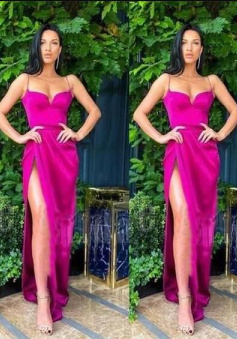 Spaghetti Straps Sleeveless Side Slit Long Prom Dresses