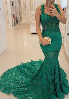 Mermaid Hunter Green Tulle Lace Applique Prom Dress