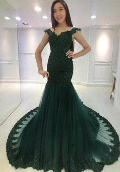 Mermaid Hunter Green Tulle Lace Applique Prom Dress
