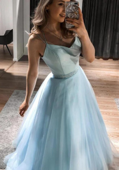A line Blue tulle long prom dress