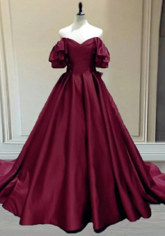 Off The Shoulder Burgundy Ball Gown Satin Prom Dresses