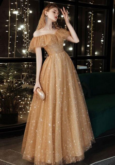Simple tulle off shoulder long prom dress
