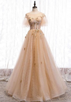 Champagne round neck tulle long prom dress