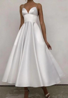 A Line Tea-Length White Prom Gown with Straps Back