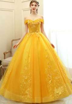 Off the Shoulder Yellow Lace Appliques Quinceanera Dress