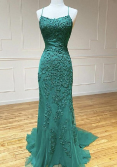 Spaghetti Strap Long Green Lace Tulle Prom Dresses
