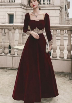 Charming A-line Wine Red Velvet Prom Dress With Long Sleeves