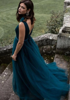 A Line V Neck Peacock Blue Long Prom Dress