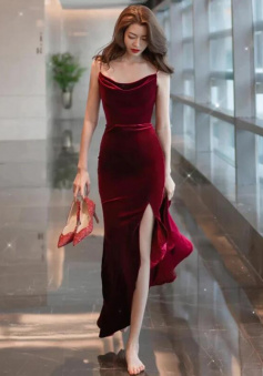 Simple Burgundy Velvet Slit Long Evening Dress