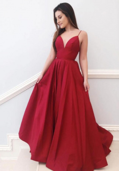 A-line red long v neck prom dress