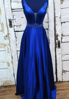 A line Blue satin long prom dress evening dress With Beading