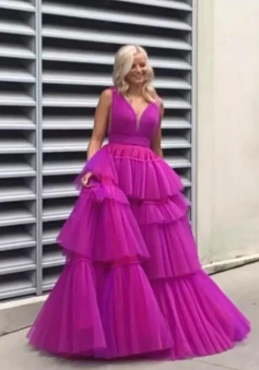 A-Line Tulle Long Prom Dresses