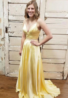 A Line two piece yellow prom dress