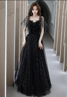 Floor Length A Line Black tulle prom dress