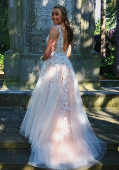 A-line v back long prom dress with ivory lace appliques