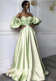A Line Mint Green Puffy Sleeves Satin Flowers Prom Dresses for Girls