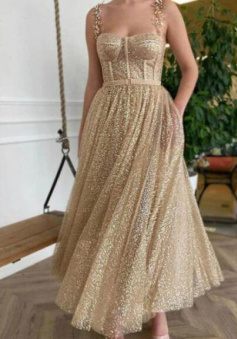 A Line Tea Length Gold Glitter Prom Dresses
