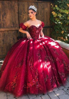 Ball Gown Sweetheart burgundy tulle long prom dress