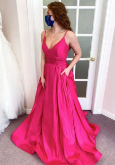 Simple pink v neck satin long prom dress