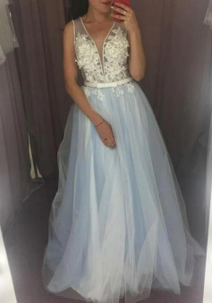 A Line Light blue tulle lace long prom dress