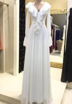 A Line Long Sleeve White Prom Dress