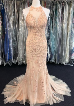 Mermaid Lace Formal Prom Dress with Open Back