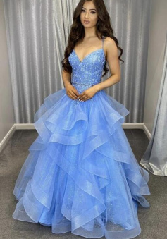 A line Blue lace long prom formal dress